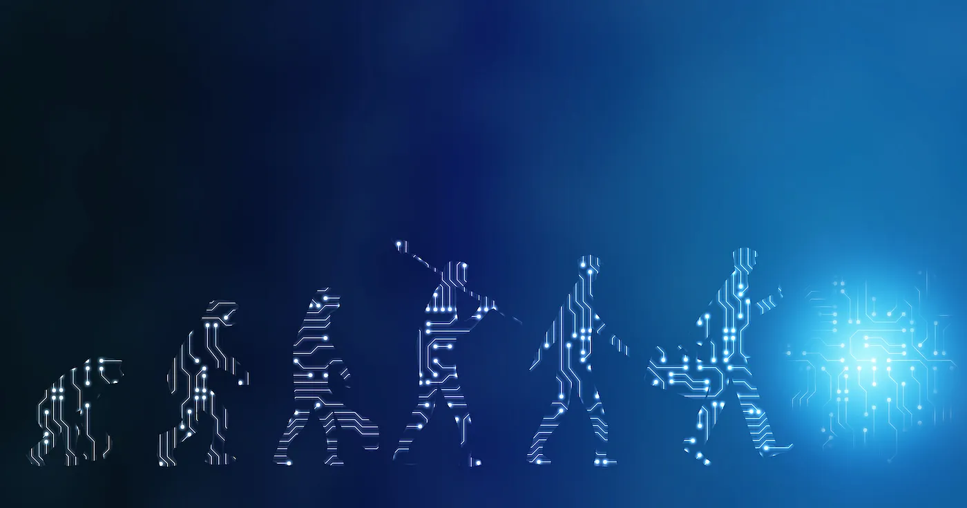 Circuit-board silhouettes evolving from ape to upright human, walking toward a glowing node